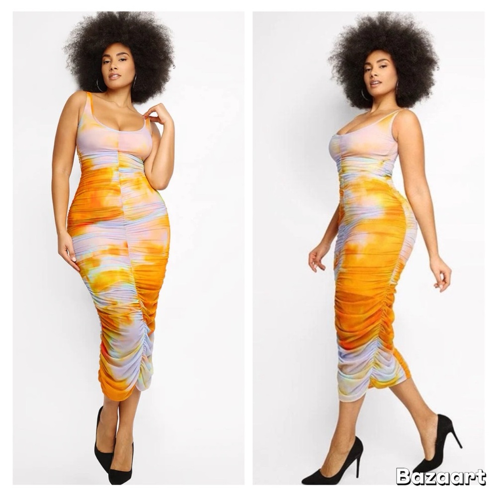 Shapellx Miami Sunset Mesh Pleated Bodycon Dress | Size Small | NWT
